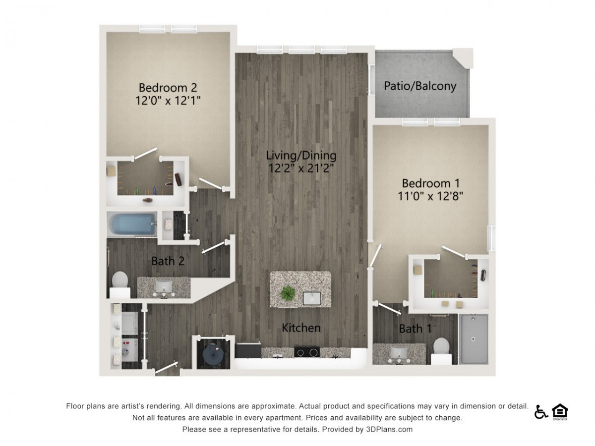 Floor plan of a two-bedroom, two-bathroom apartment featuring a living room, kitchen, and patio/balcony.
