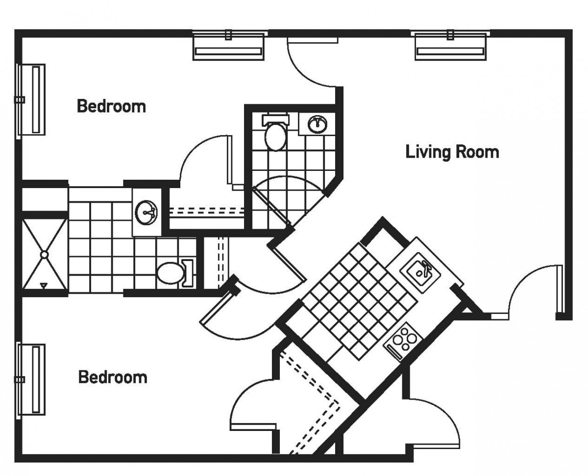 A floor plan of a two-bedroom apartment with a living room, kitchen, and bathroom.