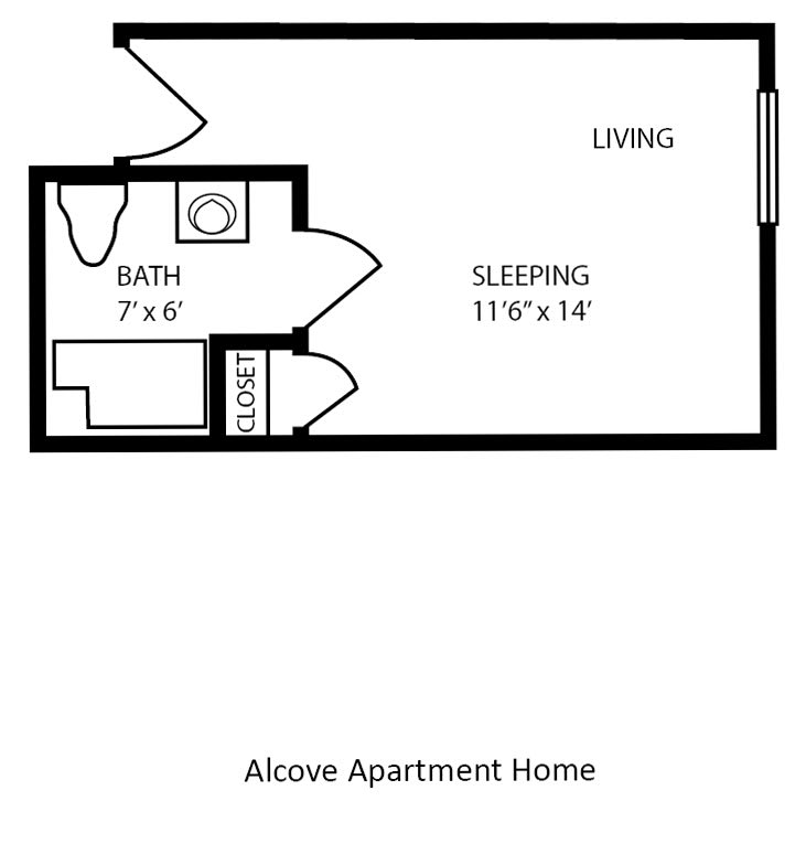 Floor plan of an alcove apartment with a combined living and sleeping area.