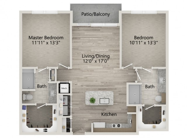 A floor plan of a two-bedroom apartment with labeled rooms including a kitchen, living/dining area, two bathrooms, and a patio/balcony.