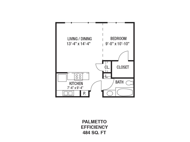 Palmetto Efficiency floor plan with a total area of 484 square feet, featuring a living/dining area, kitchen, bedroom, bathroom, and closet.