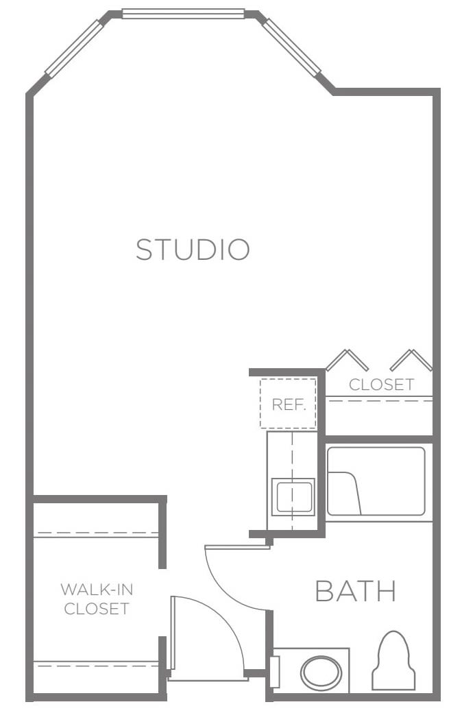 Floor plan of a studio apartment featuring a combined living and sleeping area, a bathroom, and closet space.