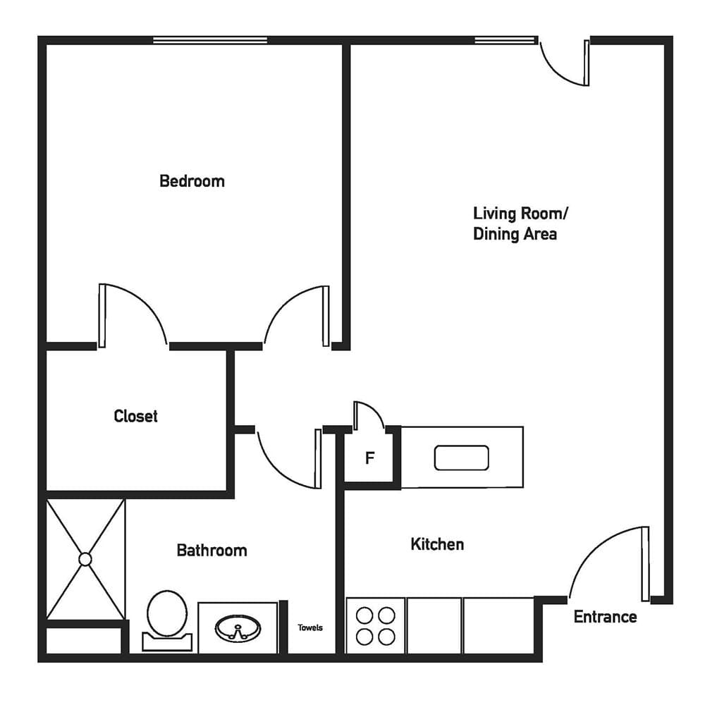 A simple floor plan depicting a one-bedroom apartment with a living/dining area, kitchen, bathroom, and closet.
