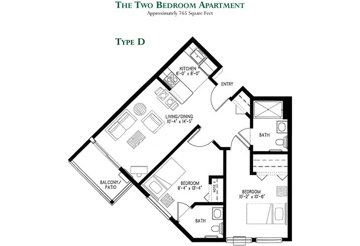 Type D two-bedroom apartment floor plan layout.