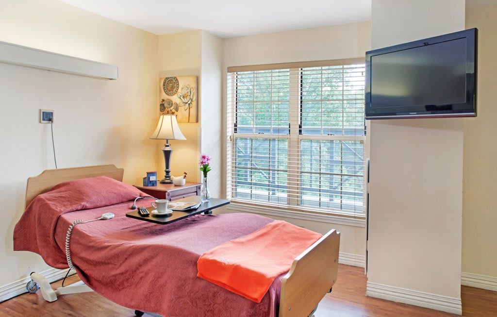 A cozy room with a hospital bed, featuring a lamp, window with blinds, and a wall-mounted TV.