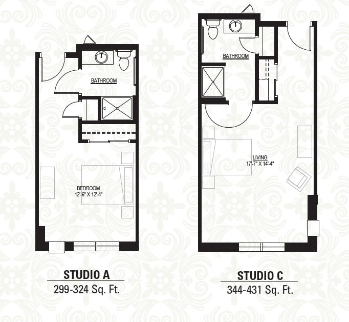 A comparison of two studio apartment floor plans, labeled Studio A and Studio C, with respective square footage ranging from 290-324 sq. ft. and 344-431 sq. ft.