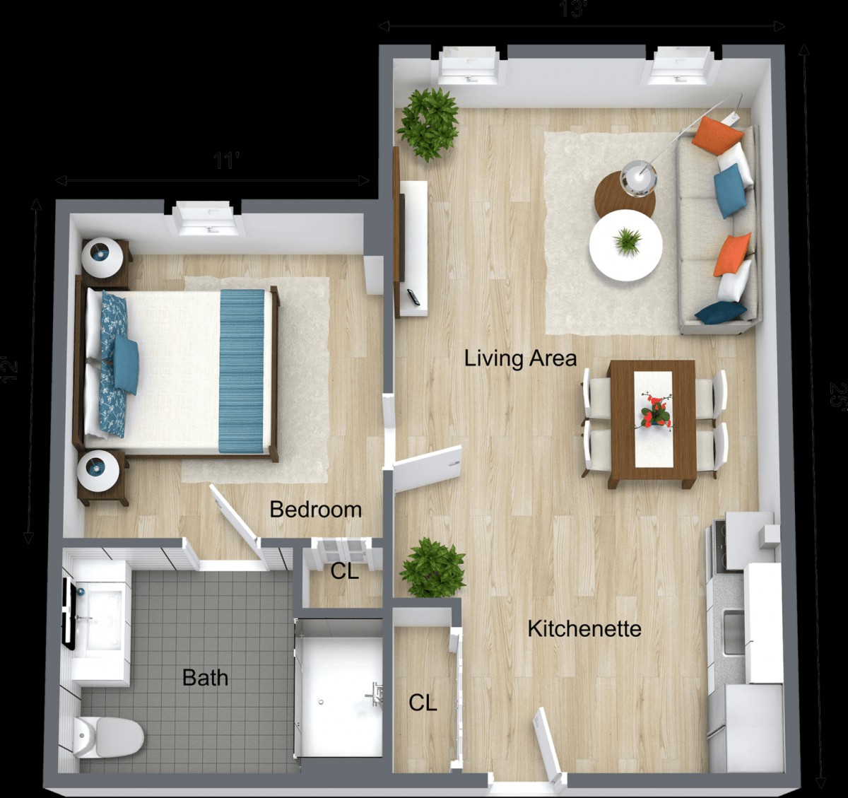 A overhead view of a 1-bedroom apartment floor plan featuring a living area, kitchen, bedroom, and bathroom.