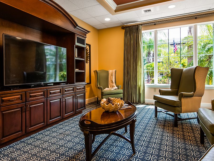 A cozy living room featuring elegant furniture, a large TV, and a view of the garden.