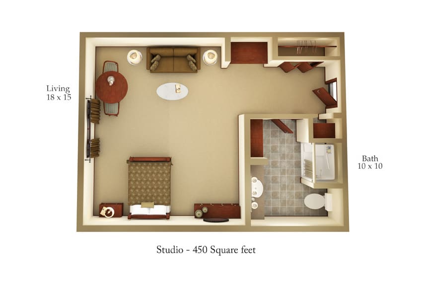 A 450 square foot studio apartment floor plan showcasing furniture layout and interior design.