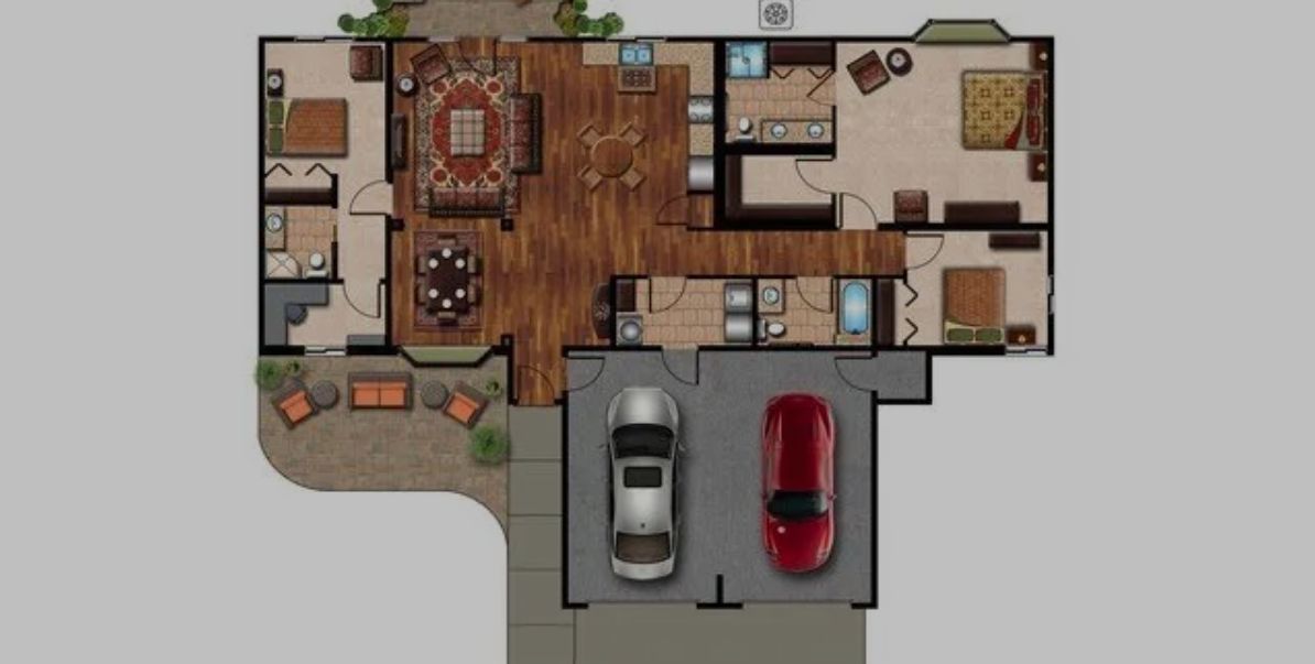A detailed floor plan of a house featuring a two-car garage, living areas, and multiple rooms.