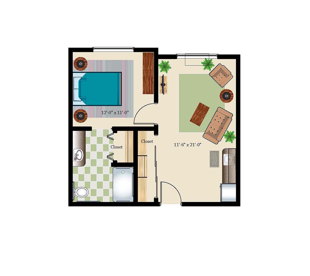 A simple one-bedroom apartment floor plan featuring a living room, kitchen, and bathroom.