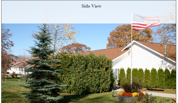 A side view of a house with surrounding trees, bushes, and an American flag.