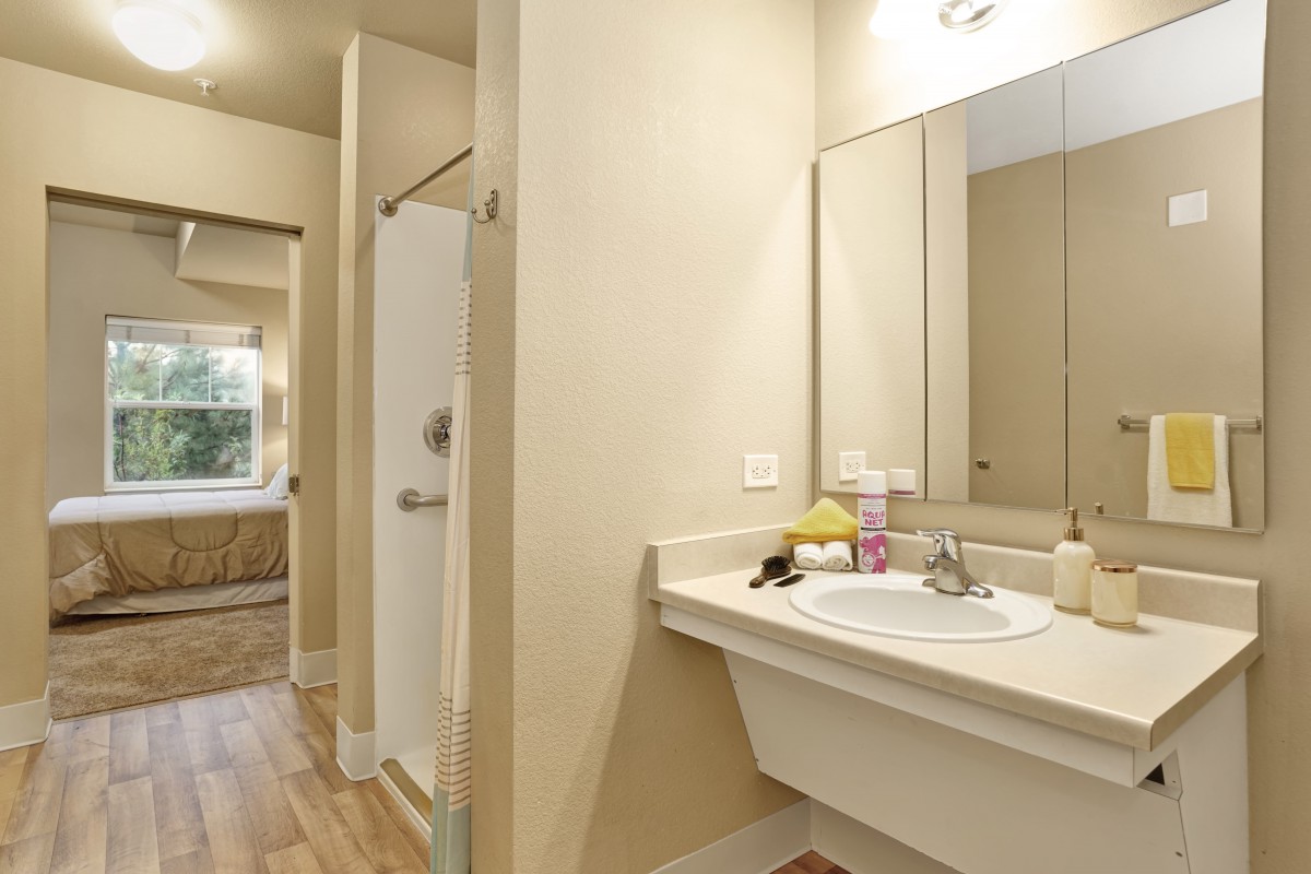 A modern, minimalist bathroom with a sink and mirror, featuring a shower in the background.