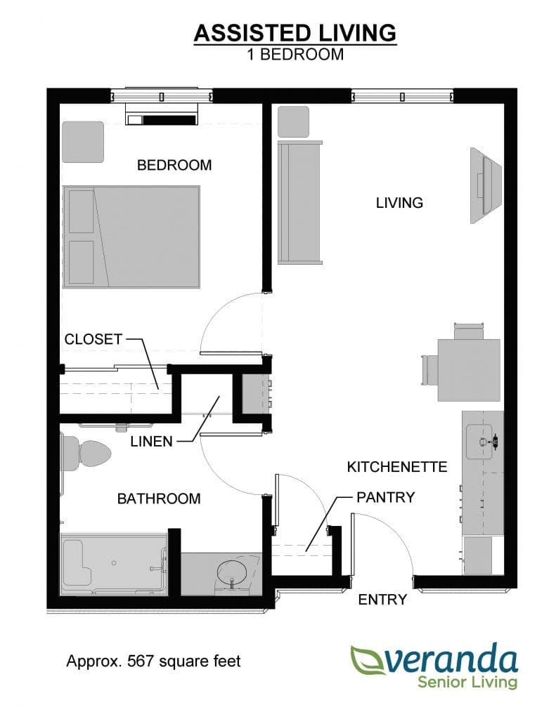 Floor plan of a one-bedroom apartment with a living room, kitchenette, bathroom, and closet.