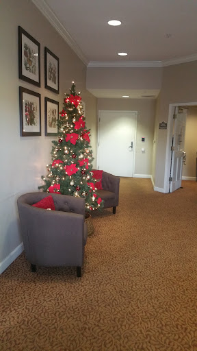A beautifully decorated Christmas tree with red ribbons and lights in a cozy lobby area.