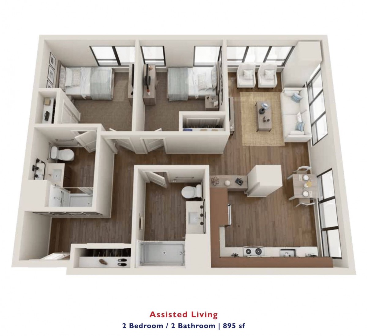 2 Bedroom, 1 Bathroom Assisted Living Floor Plan