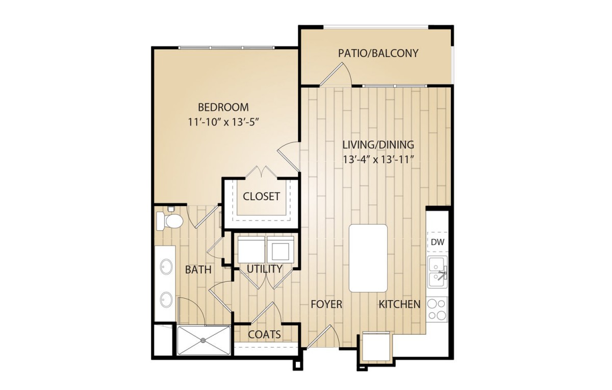 A detailed floor plan of a one-bedroom apartment with labeled rooms including a bedroom, bathroom, closet, foyer, kitchen, living/dining area, and a patio/balcony.
