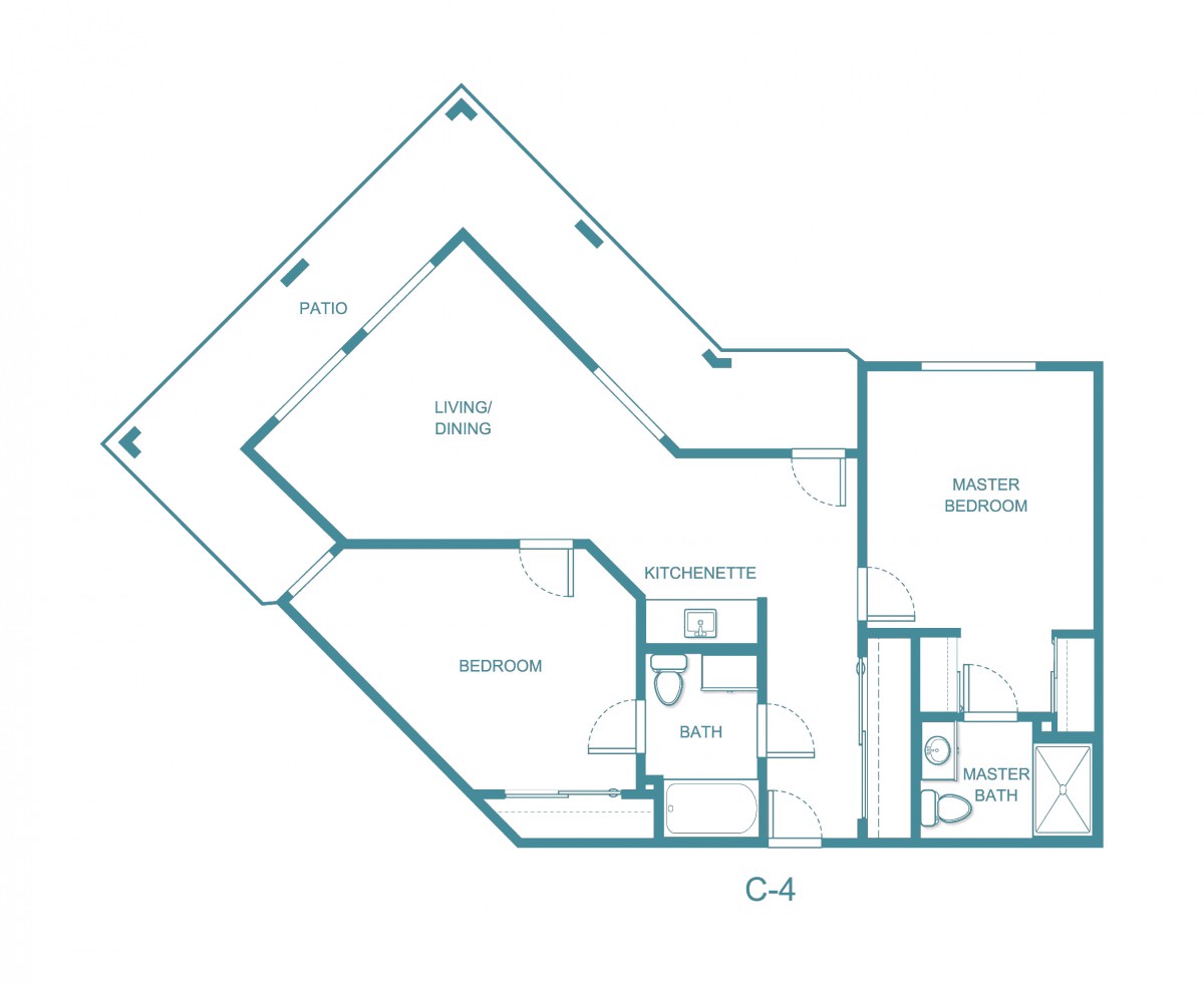 A blueprint showing the layout of an apartment with a living room, kitchen, bathroom, and balcony.