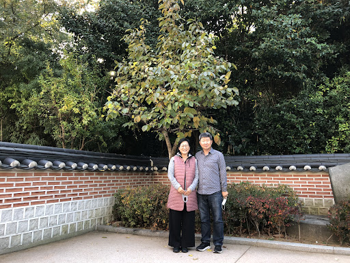 A couple posing together in a serene outdoor setting, surrounded by greenery and traditional architecture.