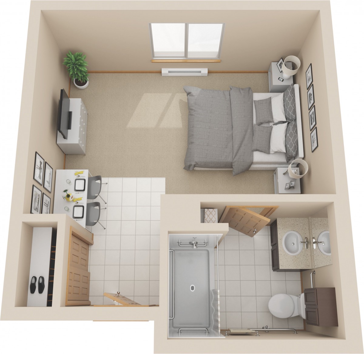 A 3D floor plan of a compact apartment featuring a bedroom, desk area, and bathroom.