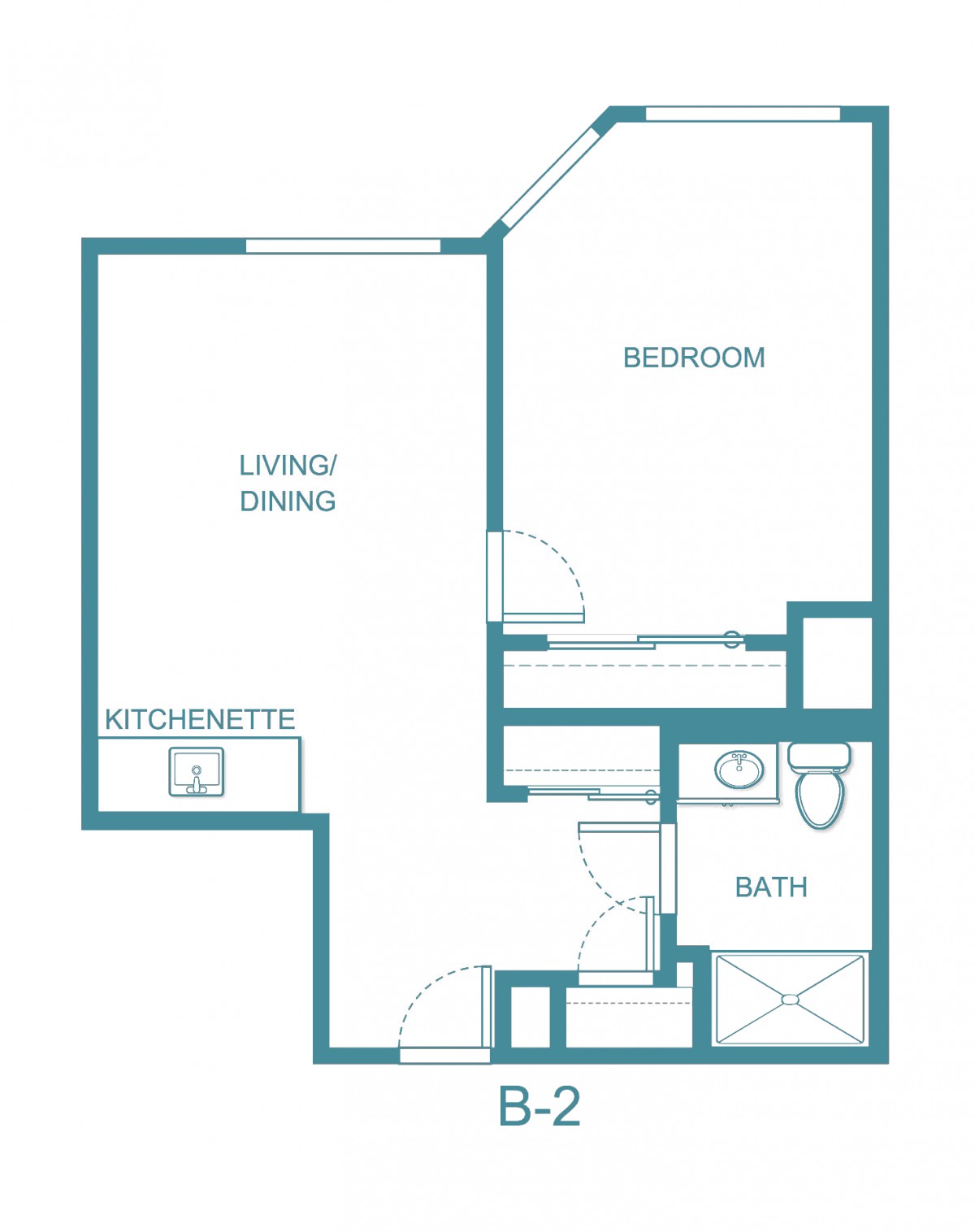 A floor plan of a studio apartment with a living/dining area, kitchenette, bedroom, and bathroom.