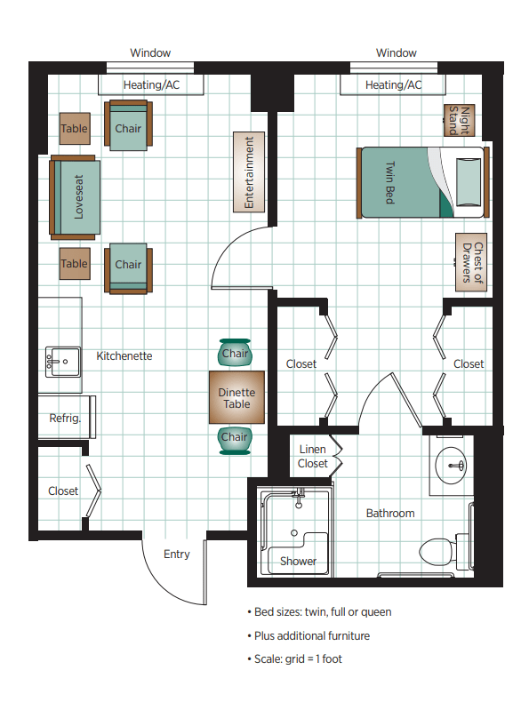 A floor plan of a one-bedroom apartment featuring a living room, kitchen, dining area, and bathroom.