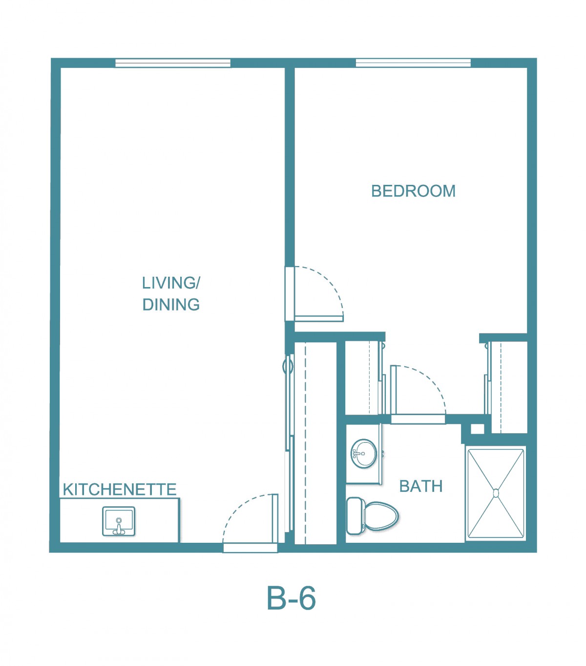 A floor plan of a one-bedroom apartment with designated areas for the kitchen, living/dining room, bedroom, and bathroom.