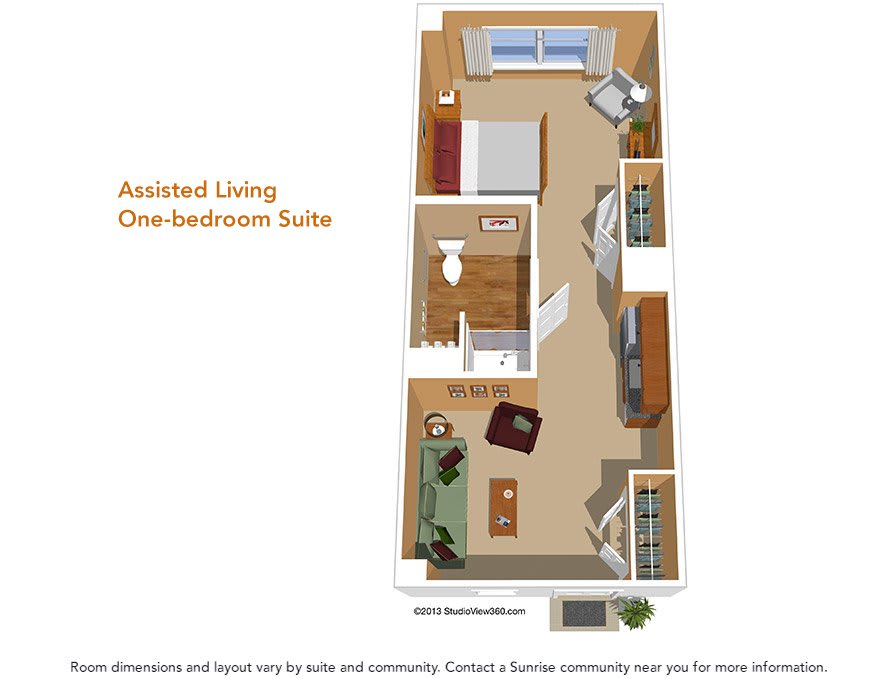 Floor plan of an assisted living one-bedroom suite.