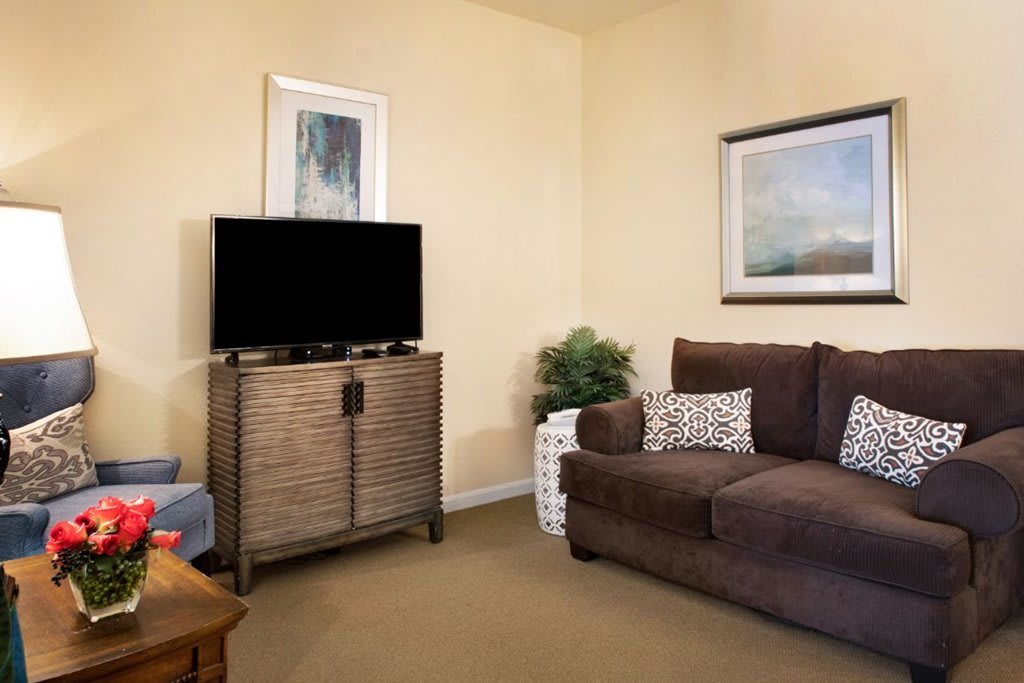 A cozy living room with a brown sofa, television on a stand, and wall art.