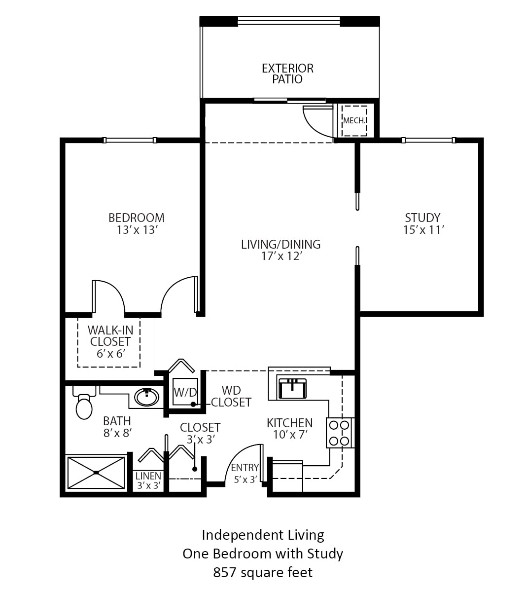 A floor plan of an independent living apartment showing room dimensions and layout.