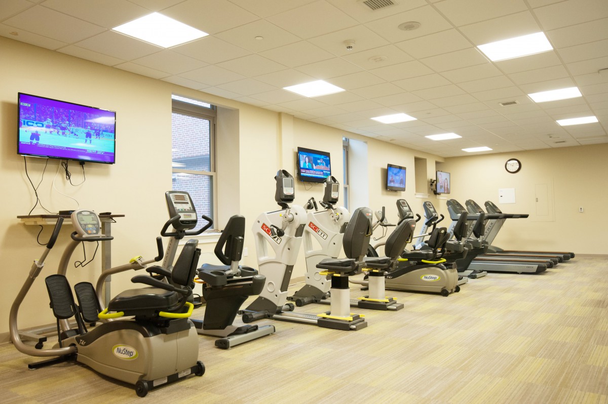 A well-equipped gym featuring various cardio machines including treadmills, elliptical trainers, and stationary bikes.