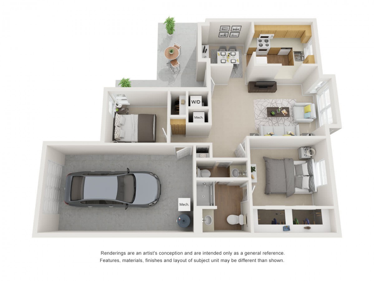 A 3D floor plan of a residential space featuring two bedrooms, a living room, kitchen, bathroom, and an attached garage.