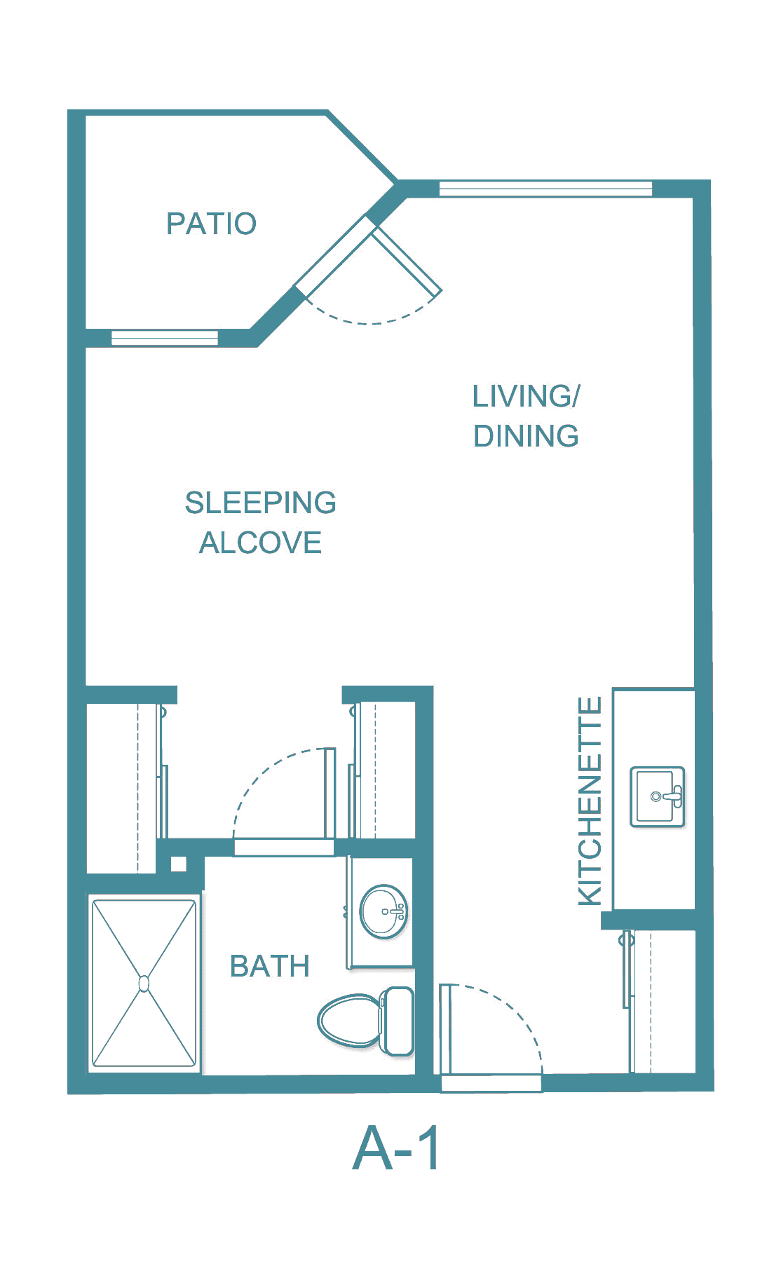 Studio apartment floor plan with a sleeping alcove, living/dining area, kitchenette, and bath.