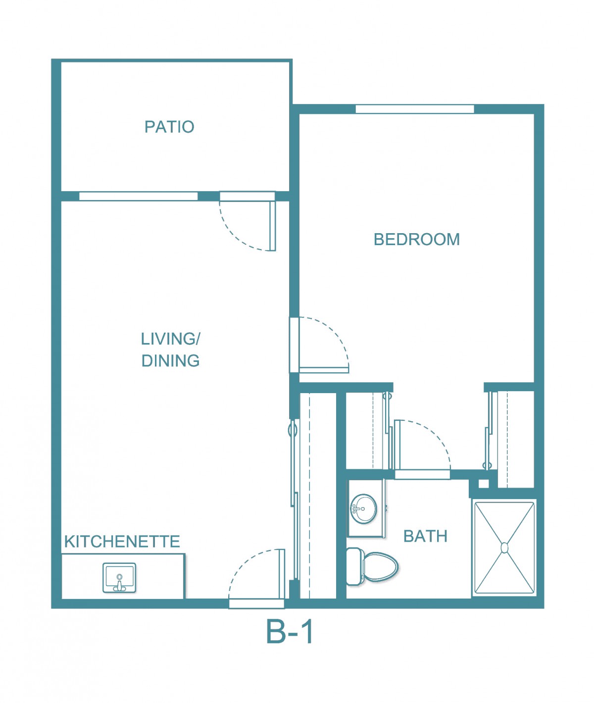 A floor plan of a one-bedroom apartment with a kitchenette, living/dining area, bathroom, and patio.