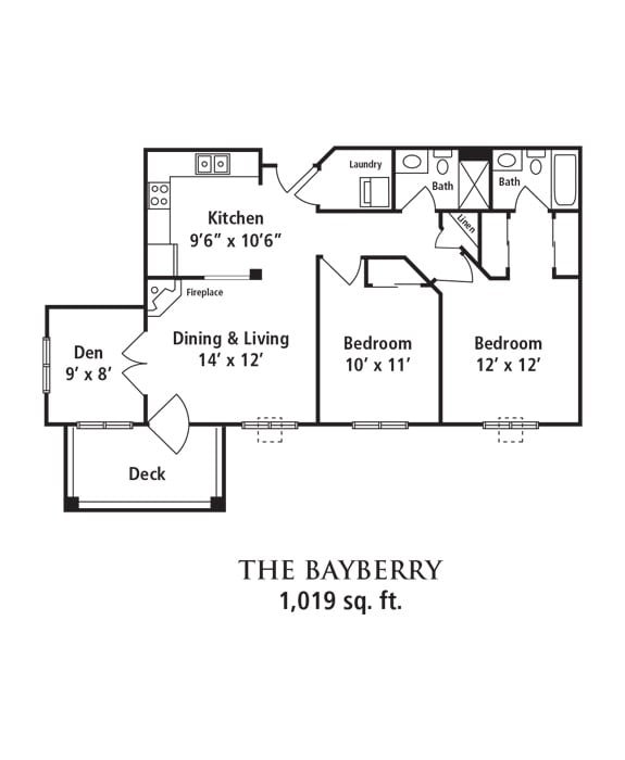 Floor plan of 'The Bayberry' apartment with two bedrooms, a kitchen, dining and living area, deck, and bathrooms.
