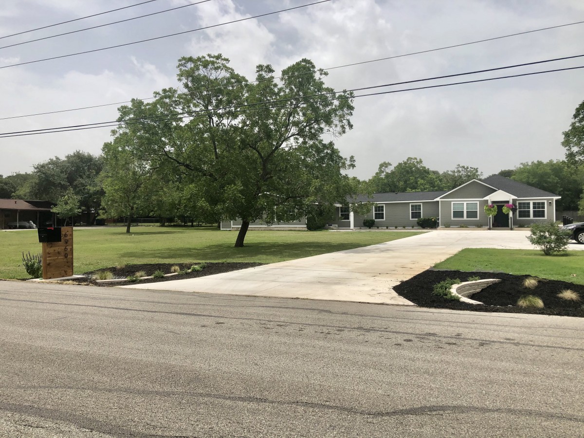 A suburban house with a wide driveway and a tree in the yard.