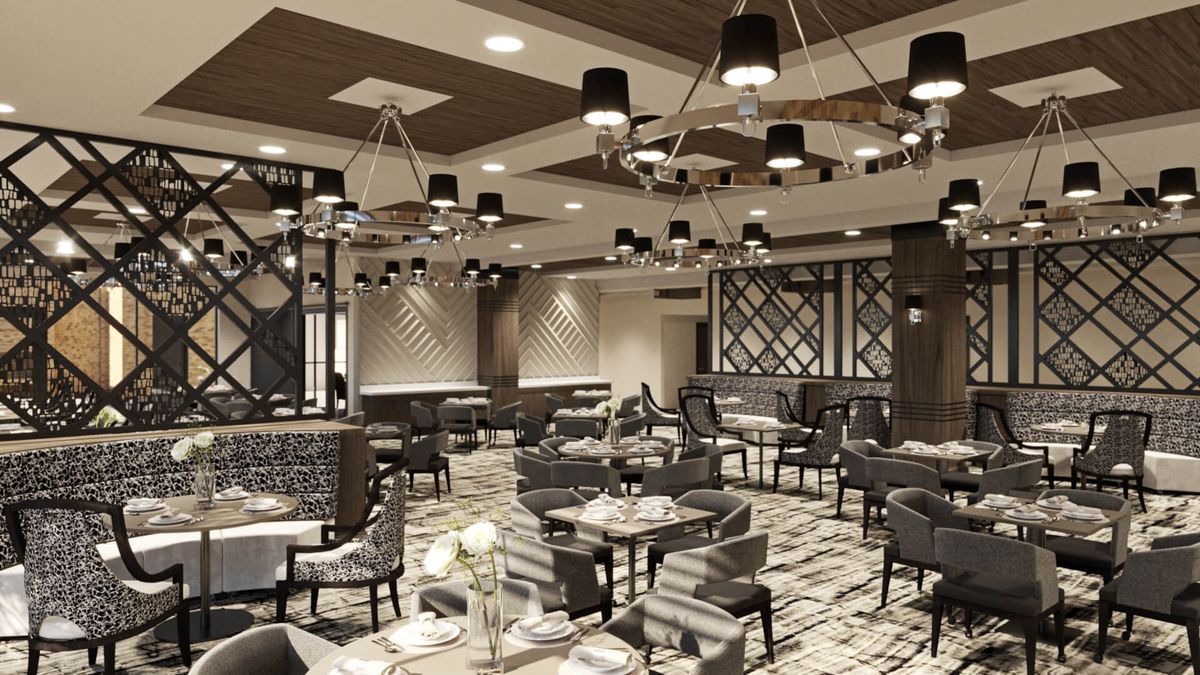 A modern and elegantly designed restaurant interior with stylish lighting and seating arrangements.