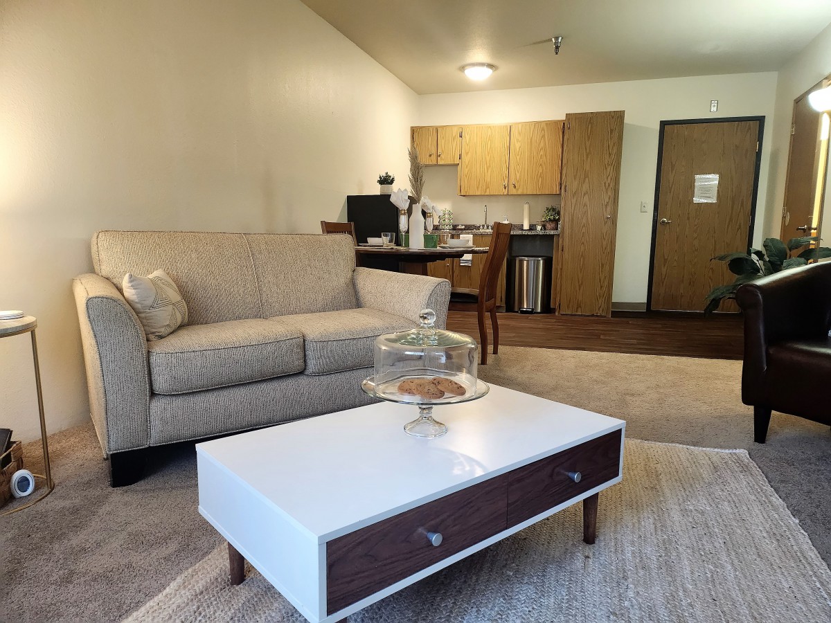 A cozy living space featuring a sofa and coffee table, adjacent to a kitchenette.