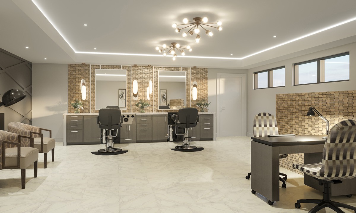 A modern hair salon interior with stylish chairs and mirrors.