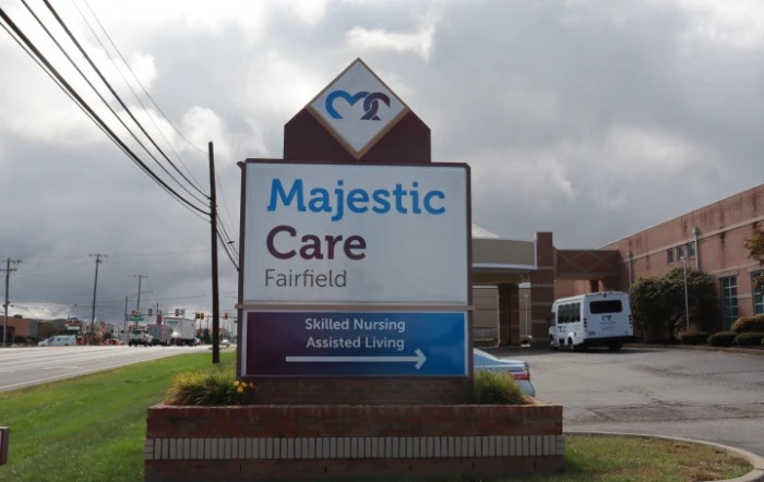 Sign for Majestic Care at Fairfield healthcare facility.