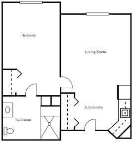 A simple floor plan of a one-bedroom apartment including living room, kitchen, and bathroom.