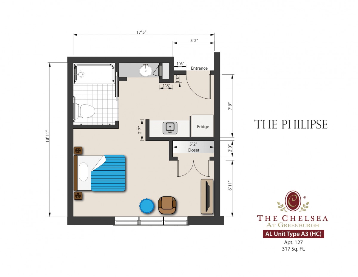 Studio apartment floor plan from 'The Chelsea' with a compact layout.