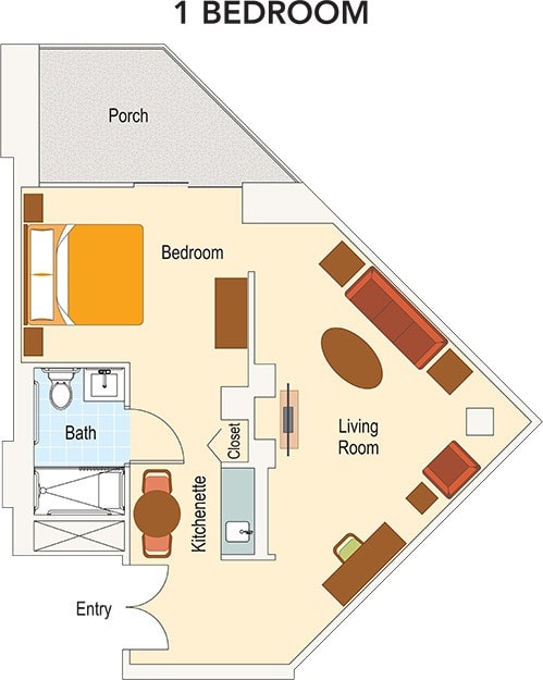 Illustration of a one-bedroom apartment floor plan with a living room, kitchen, bathroom, and porch.