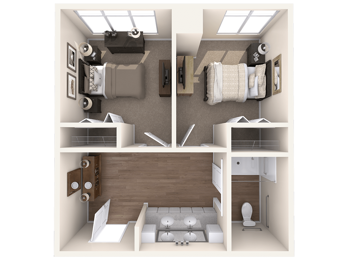 A two-bedroom apartment floor plan with a shared bathroom and common living area.
