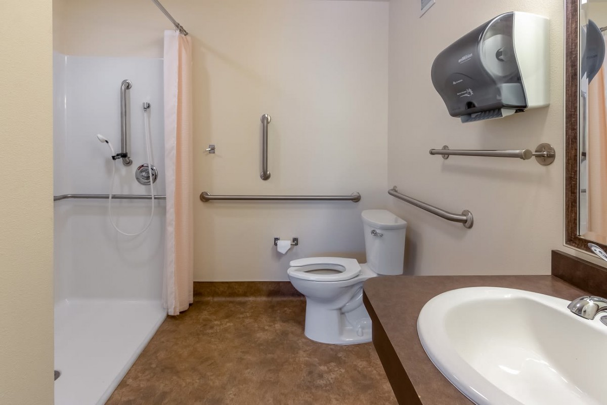 An accessible bathroom with grab bars and a walk-in shower.