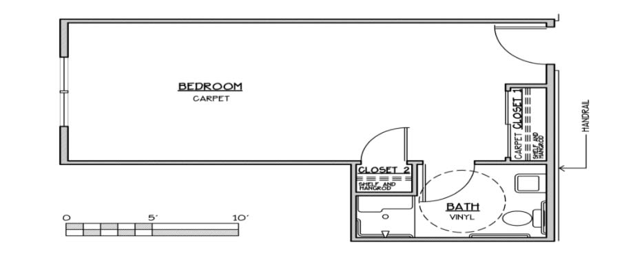 Blueprint of a bedroom layout with a closet and door.