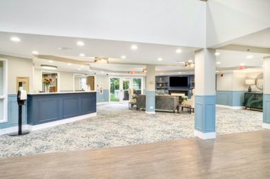 A modern and spacious lobby with comfortable seating and a welcoming reception area.