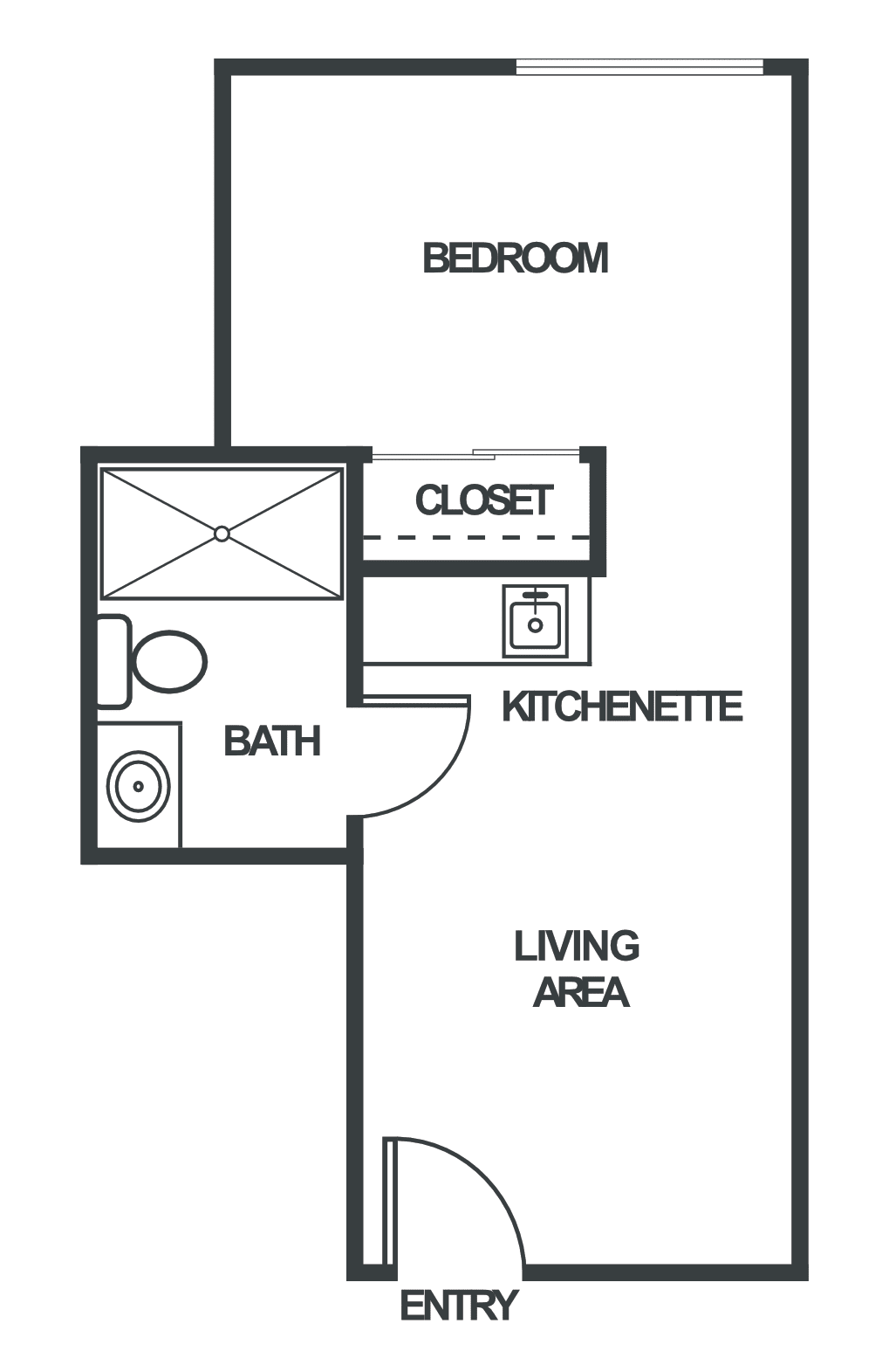 This is a simple floor plan featuring a bedroom, bathroom, closet, kitchenette, and living area.