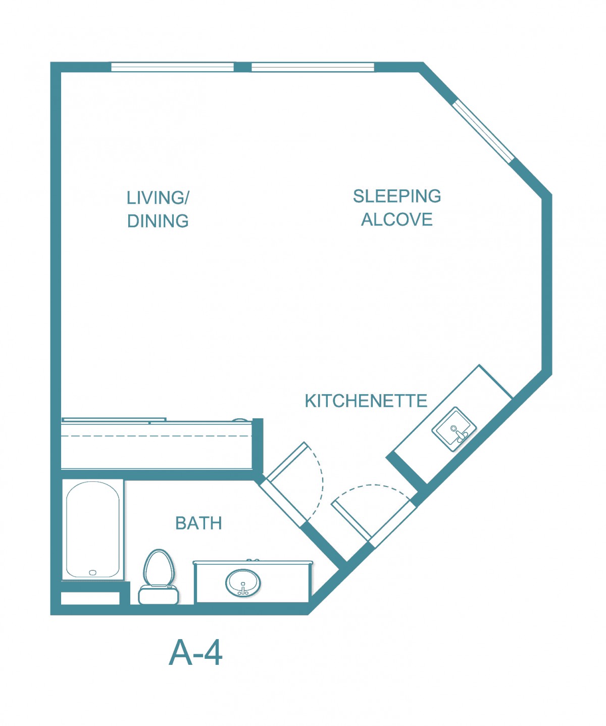 Studio apartment floor plan with living/dining area, sleeping alcove, kitchenette, and bath.