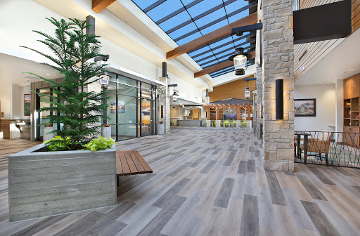 A bright and inviting interior of a modern shopping mall, featuring natural light through a large skylight and stylish design elements.